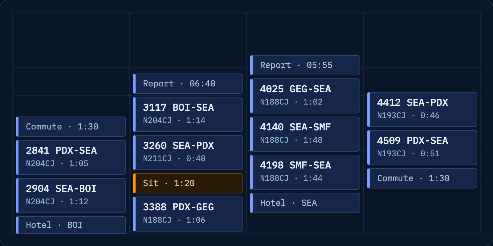 After: CrewCal splits it into report, each flight leg, hotel and commute, all with real times.
